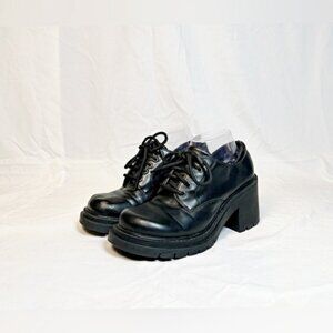 Vintage 90s Emergency Exit Black Chunky Faux Leather Oxfords Platform Shoes~9~